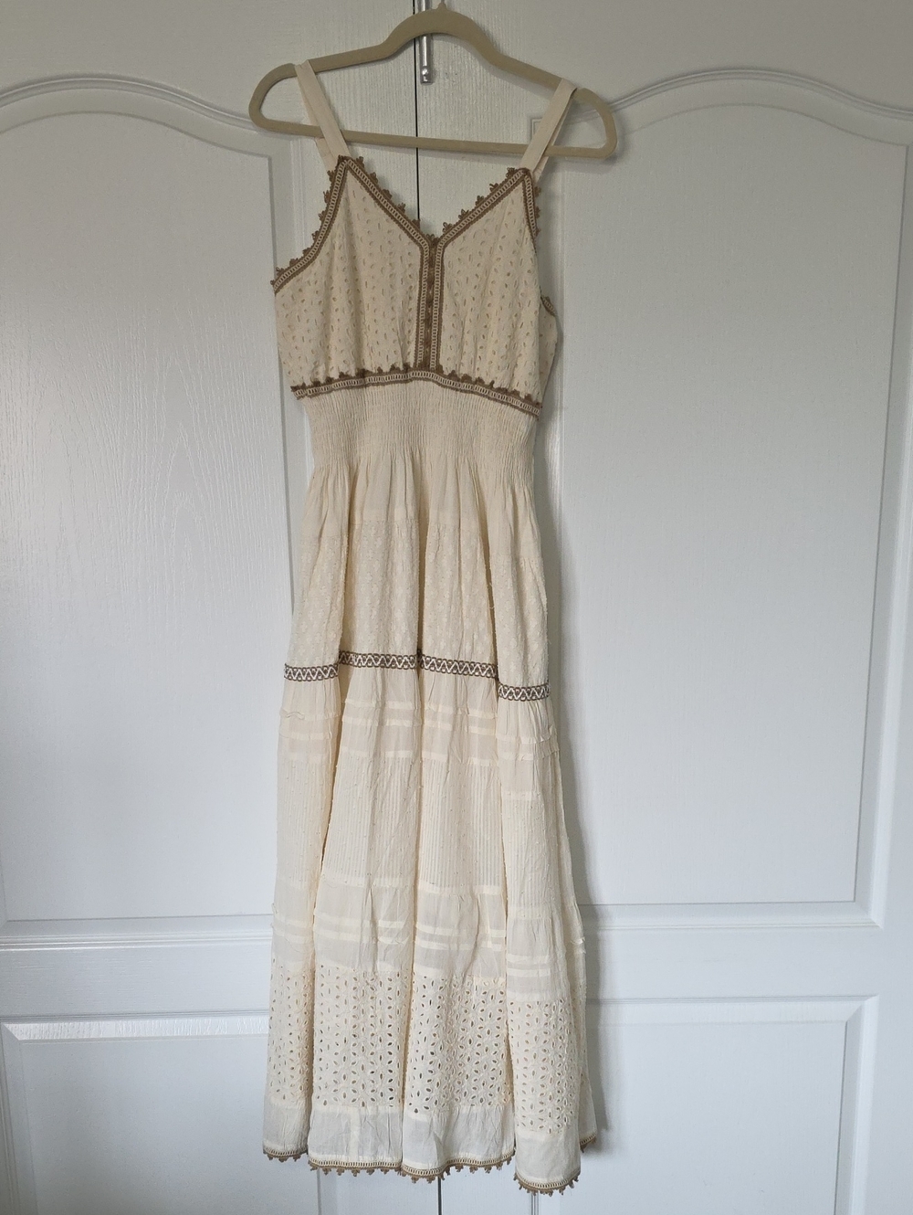 Sleeveless Cream Maxi Dress with Brown Trim
